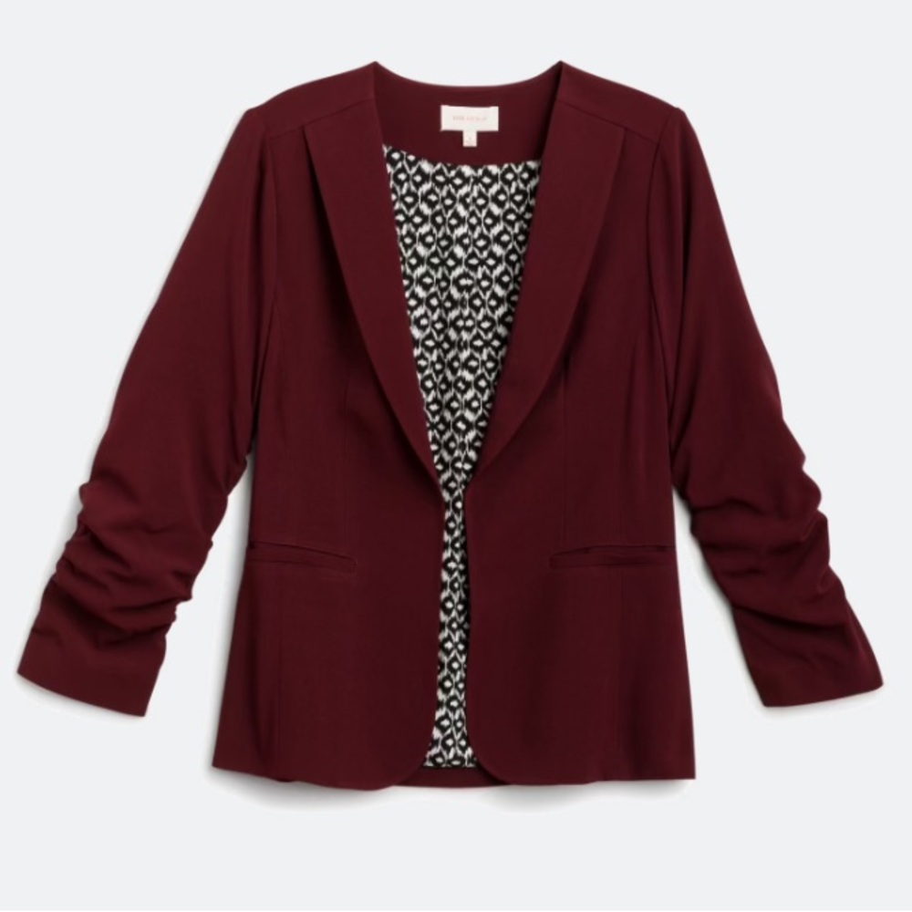 Raja Collarless Ruched Sleeve Blazer - Size: Small, Color: Burgundy